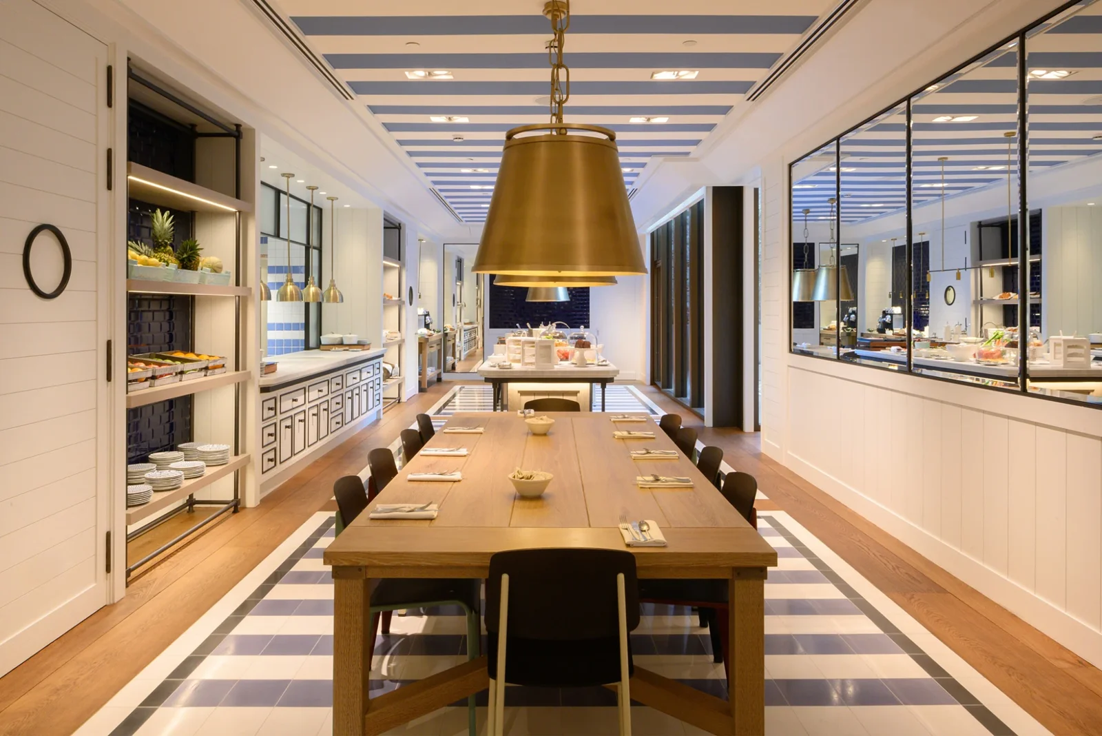 The breakfast room and its long communal table