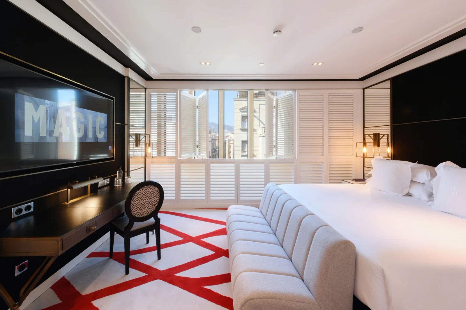 The Duplex Suite living area, with its red graphic floor